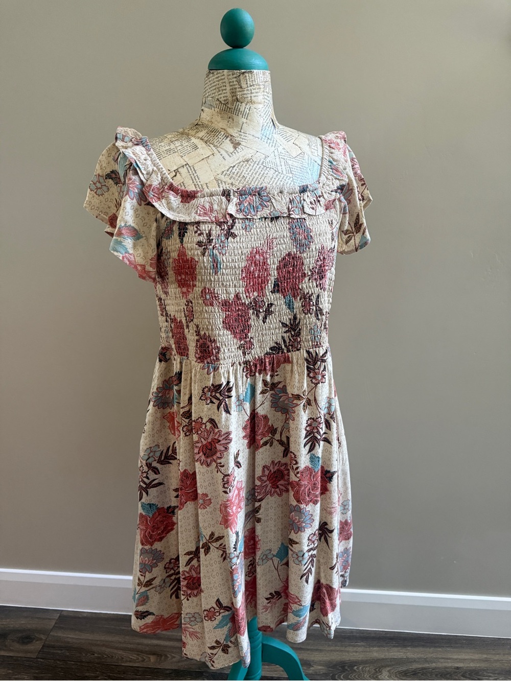 Floral Ruffle Smocked Sundress - Coral & Turquoise Floral